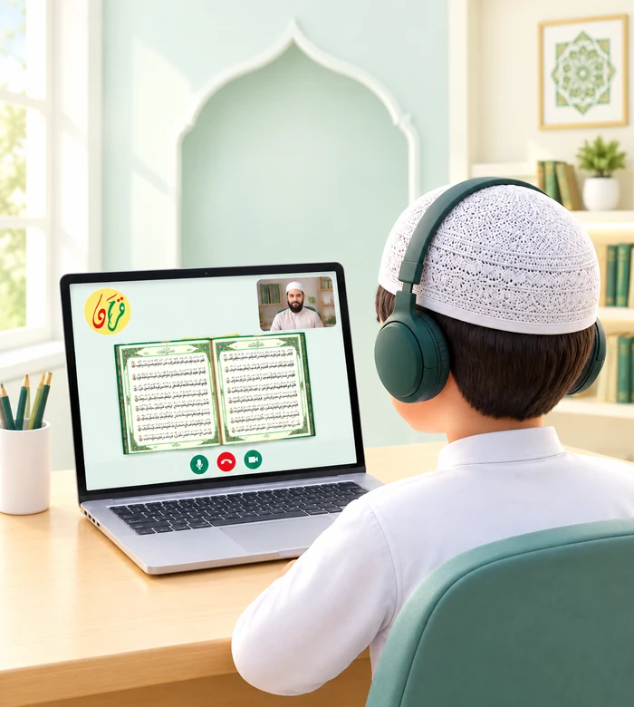 A student learning to recite the Quran online with their teacher